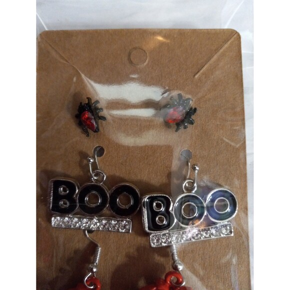Halloween Earrings Set of 3 Spiders Boo Jack-o-Lanterns Studs Dangle Rhinestones - Picture 3 of 5